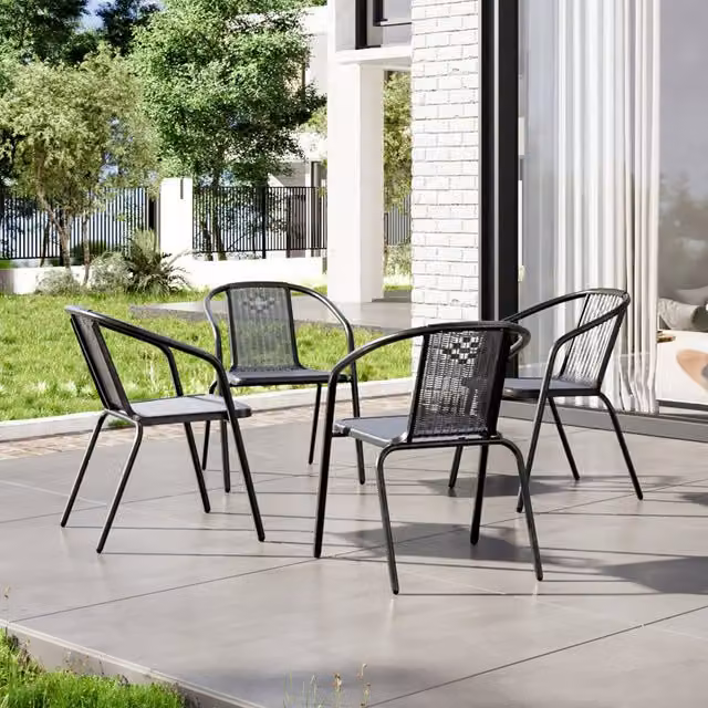 Breeins Set of 4 Modern Matt Black PE Rattan and Metal Garden Chairs