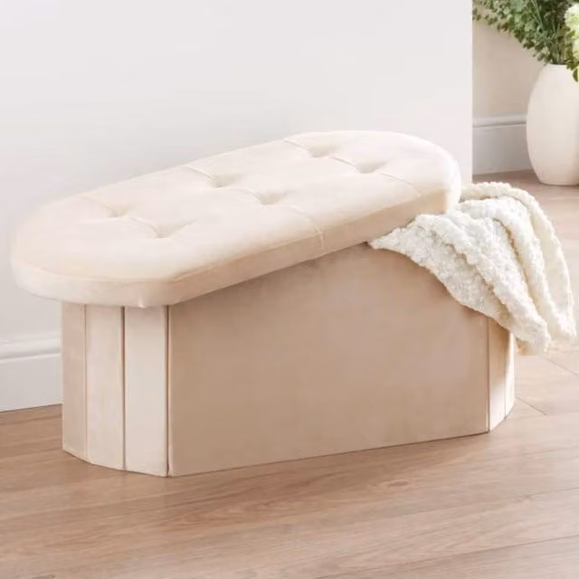 Home Luxe Interior Cream Velvet Oval Storage Ottoman Padded Bench and Blanket Box – 1