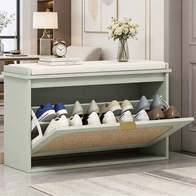 ERGOVEXA Boho Shoe Storage Bench with Padded Fabric Seat and Flip Drawer, Light Green and Brown – 1