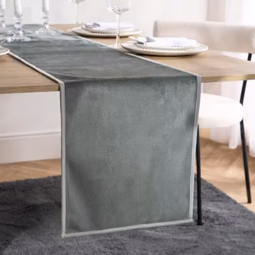 OHS Velvet Table Runner with Piped Trim in Grey and Silver, W/D/H: 35 x 230 cm