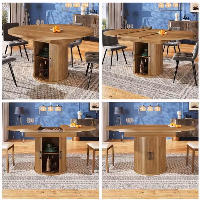 BTM Extendable Round Dining Table in Brown, Seats 6, with Butterfly Leaf