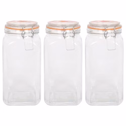 Argon Tableware Pack of 3 Transparent Square Glass Jars with Clip-Top Lids, 1.7 l