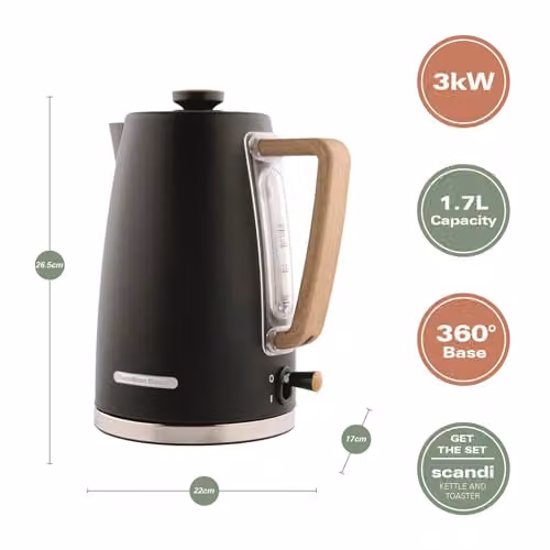 Hamilton Beach Scandi Electric Kettle, 1.7 l, Matte Black with Wood Effect - HBK01MB – 3