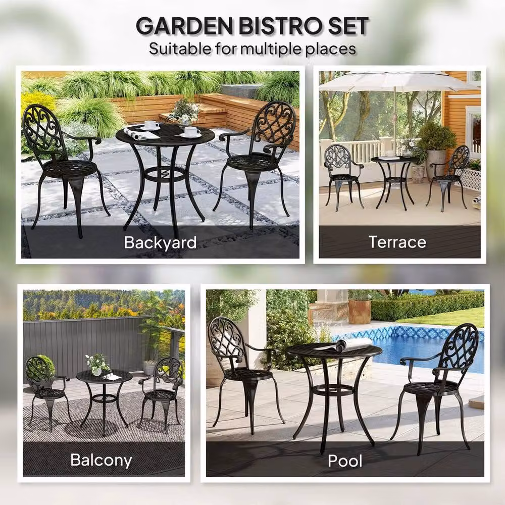 FLAVORA Black Aluminium Garden Table and Chairs Set – 3