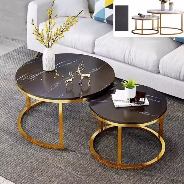 Ventryn Black Round Nesting Coffee Table Set of 2 with Glossy Metal Sled Base – 1