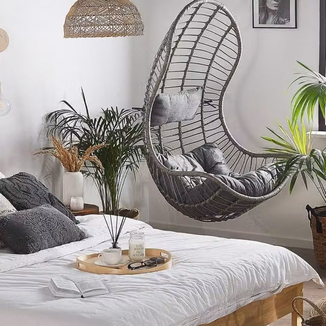 Wyld and Coco Grey Rattan Hanging Chair with Two Cushions – 1
