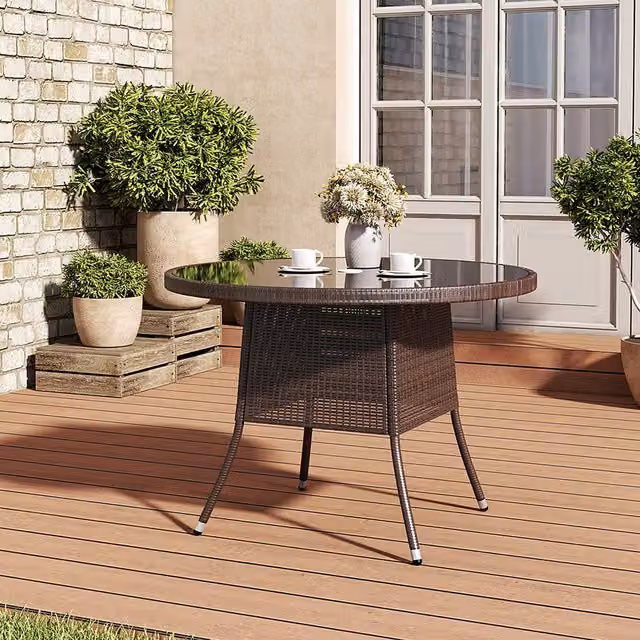 Livingandhome Modern Brown Rattan Garden Coffee Table with Glass and Metal Top