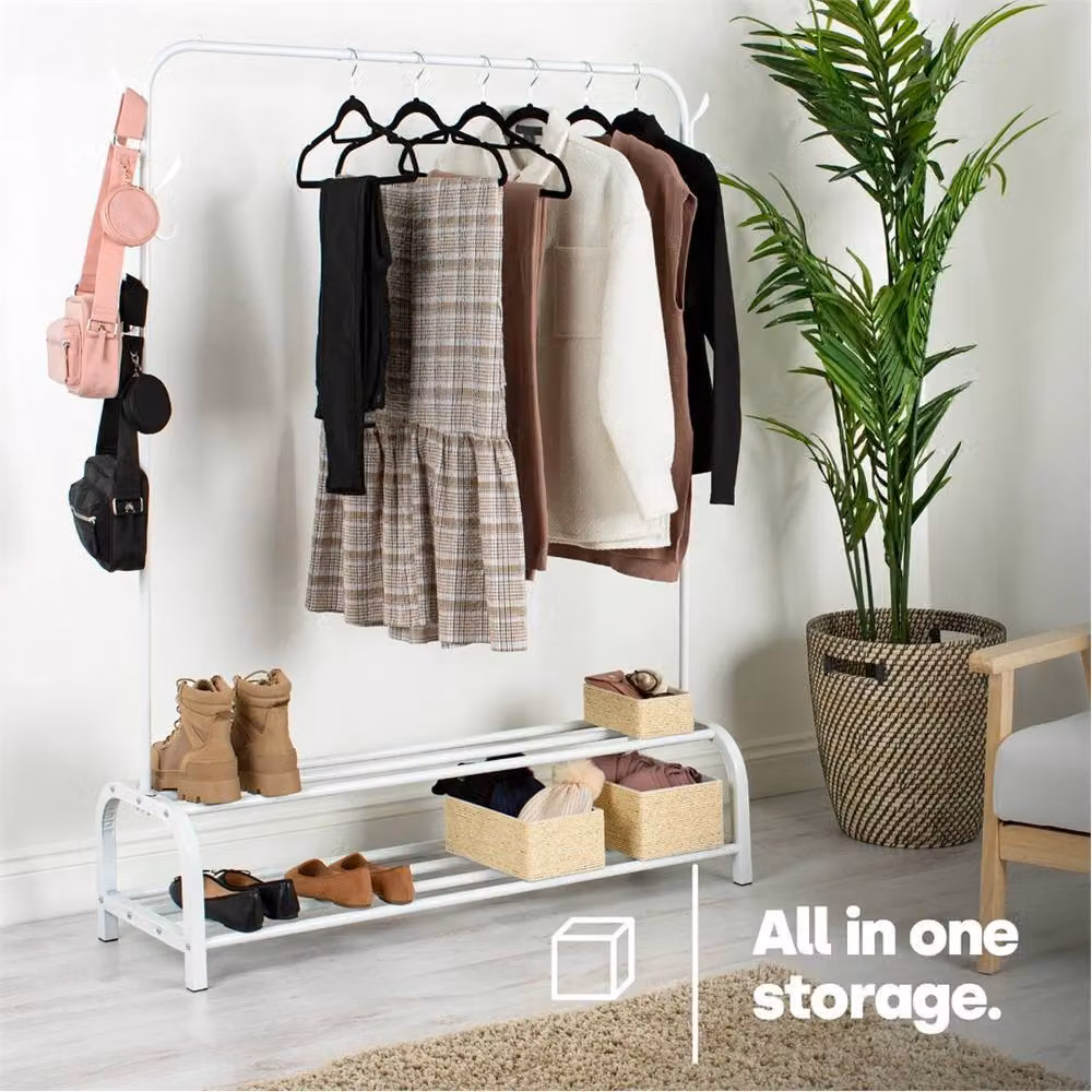 Nordara Heavy Duty Metal Clothes Rail with Shoe Storage Shelves in Glossy White – 3