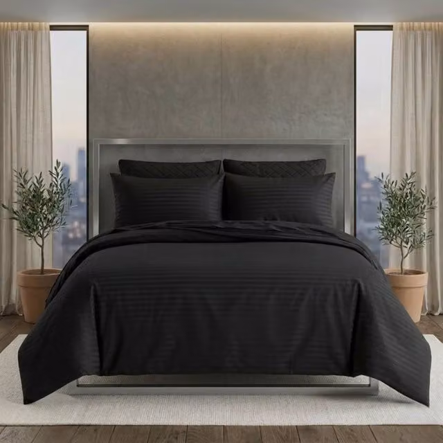 Snug City Luxury Satin Stripe Duvet Cover Set, Black, Cotton Rich T250, 200 x 200 cm – 1