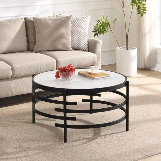 Artemis Home Caldera Round Coffee Table in White and Black with Ceramic Top