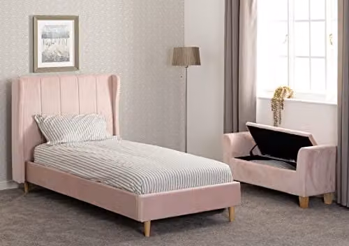 Seconique Amelia 3' Single Upholstered Bed Frame in Pink Velvet Fabric, W/D/H: 90 x 190 x 114 cm