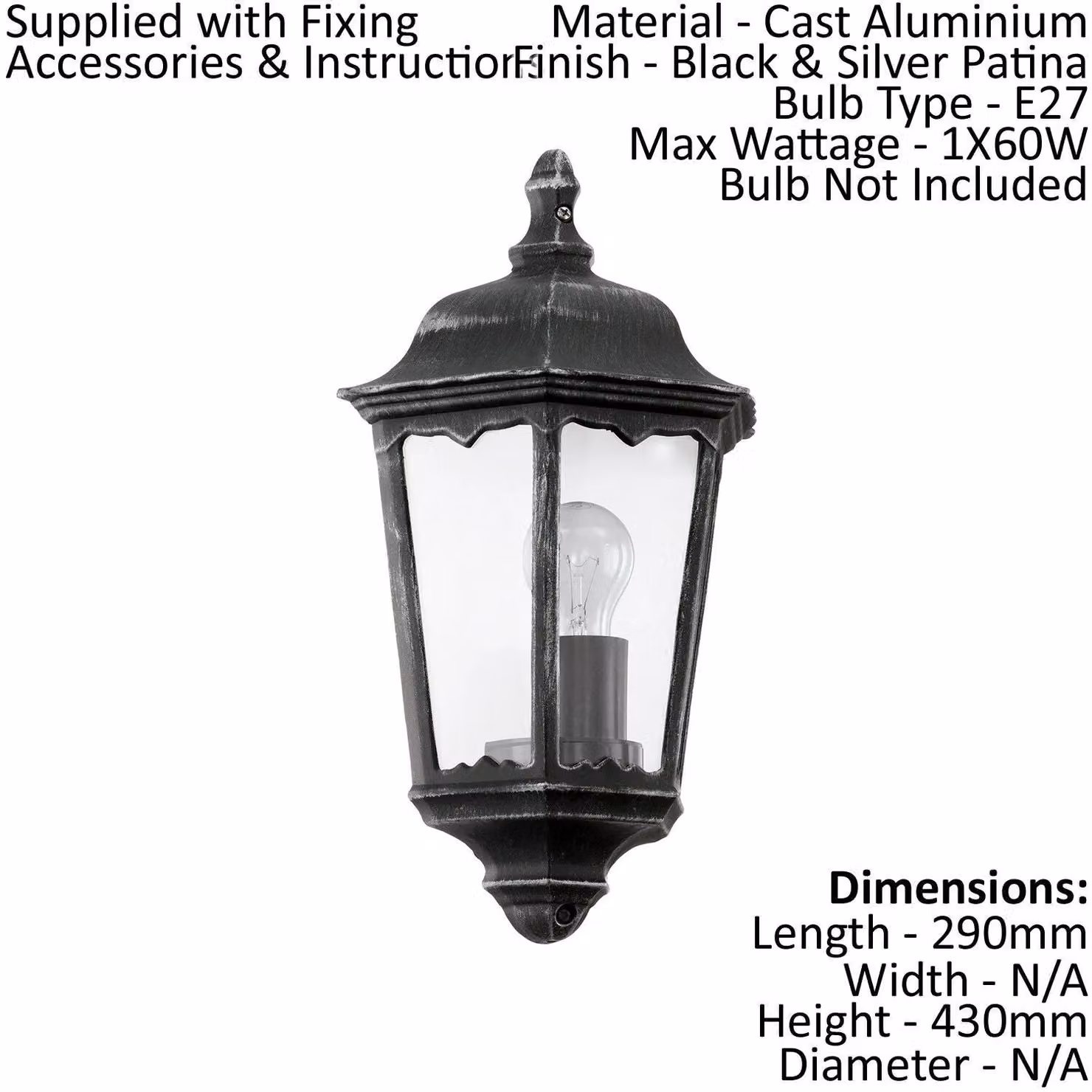 Loops IP44 Outdoor Wall Lantern in Black and Silver Patina with Transparent Glass, E27 60W Compatible – 2