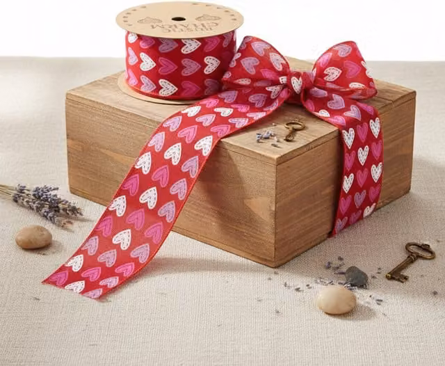 Kingsbury Gifts Pink Stitch Heart Wire Edged Decal Ribbon, 10m x 60mm