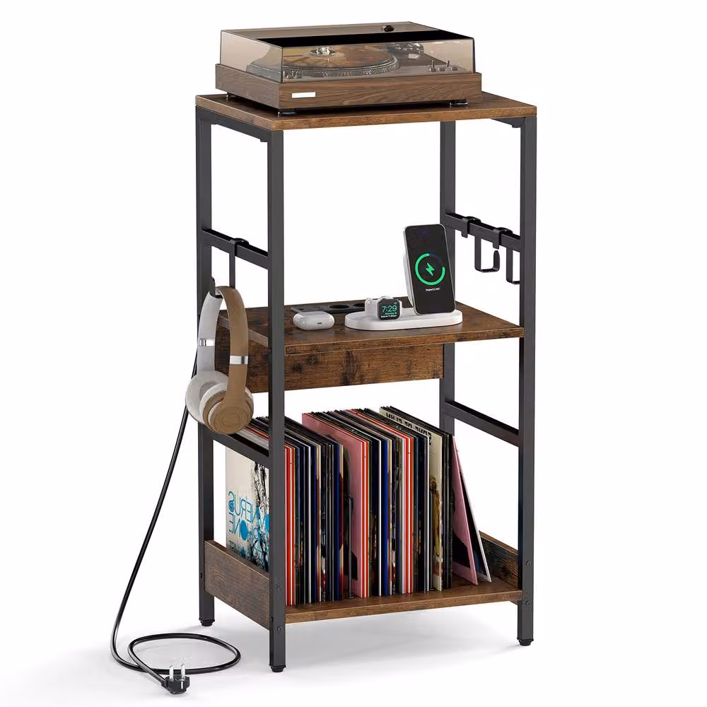 Gymax 3-tier Turntable Stand Vinyl Storage Table with Charging Station in Brown – 5