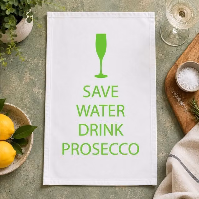 60 Second Makeover Save Water Drink Prosecco White Tea Cotton Towel in Green and White