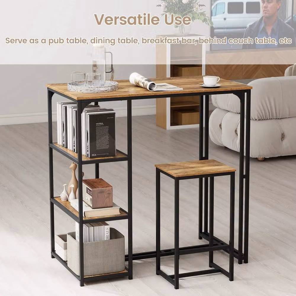 KORVIXA 3-Piece Industrial Bar Table Set with 2 Chairs in Brown, W/D/H: 100 x 100 cm – 2
