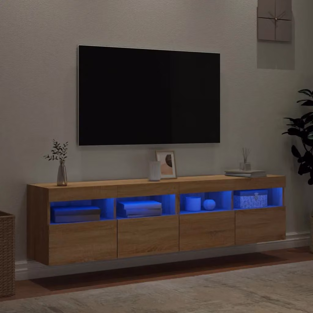 Berkfield Home Set of 2 Modern TV Wall Cabinets with LED Lights in Sonoma Oak Brown, W: 80 cm, D: 30 cm, H: 40 cm – 3