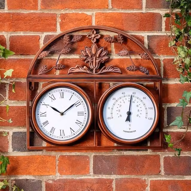 FLAVORA Highgrove Bronze Metal Analog Garden Wall Clock with Thermometer, W/D/H: 100 x 15 x 15 cm