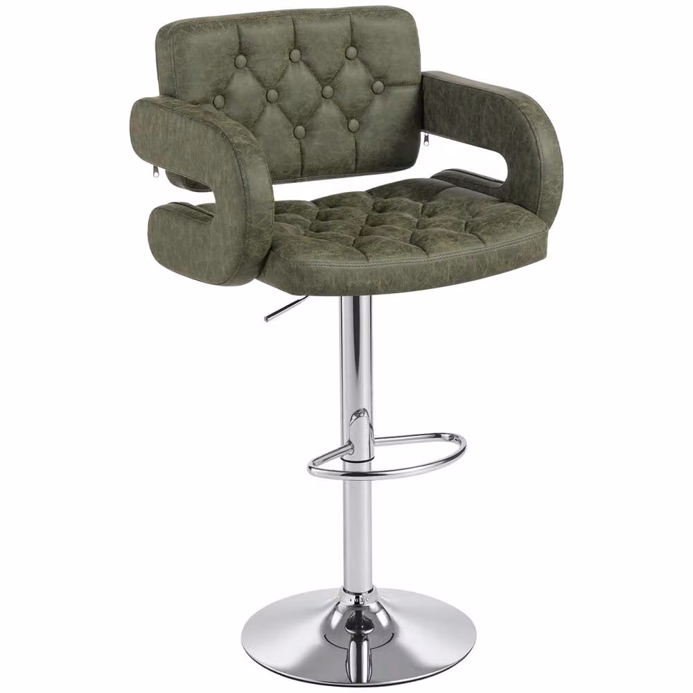 HOMCOM Adjustable Height Swivel Bar Stool with Armrests in Green Synthetic Leather – 2