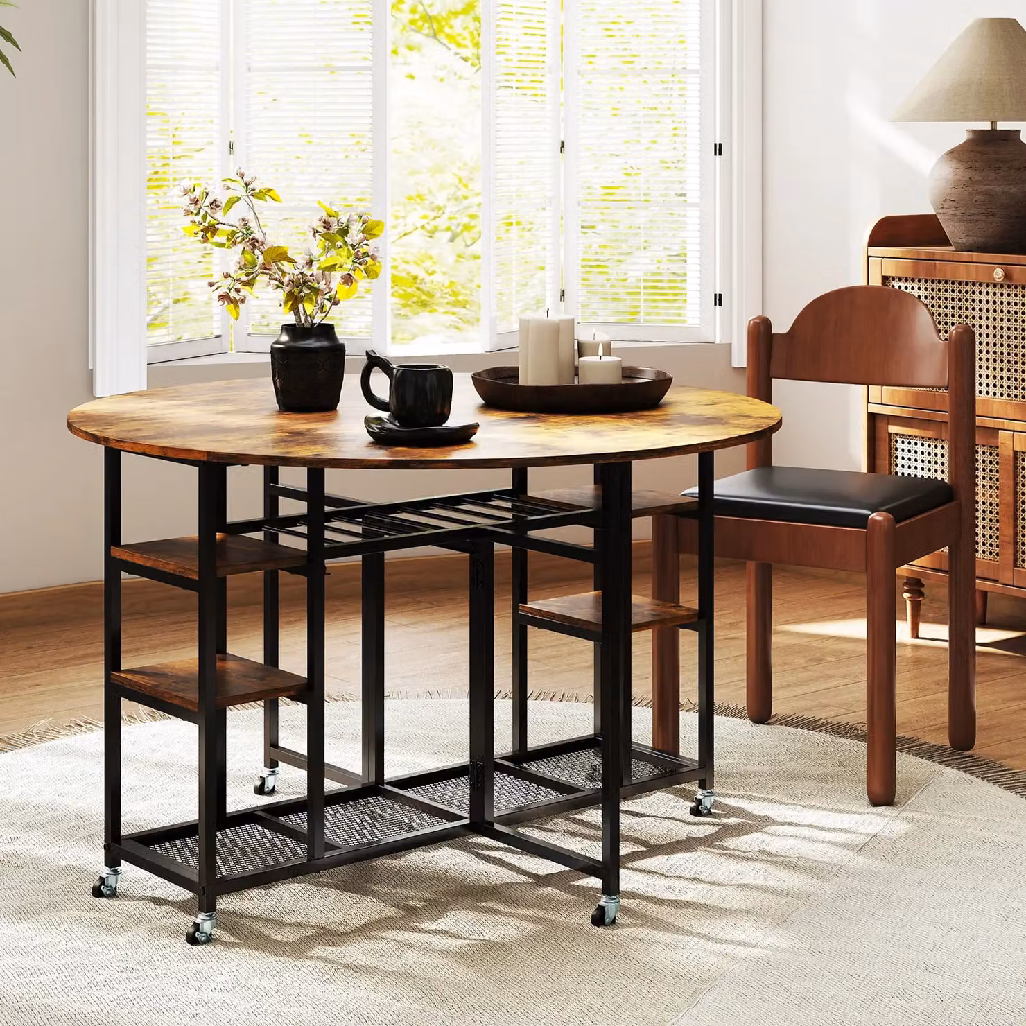 Gymax 3 Piece Round Folding Dining Table Set with Wheels in Light Brown – 9