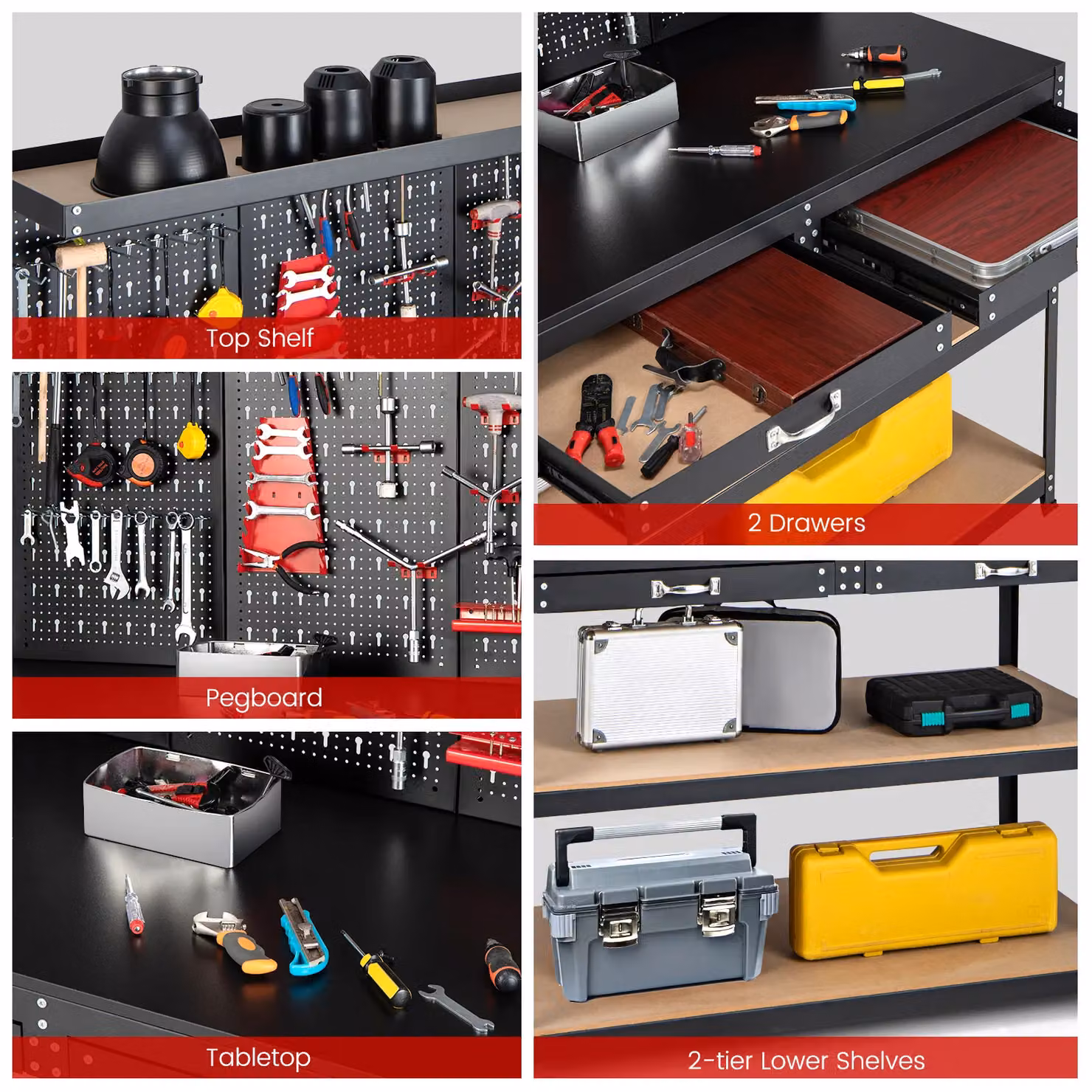 Costway Metal Workbench with Pegboard and Drawers, Black, W: 120 cm, H: 156 cm, D: 61 cm – 4