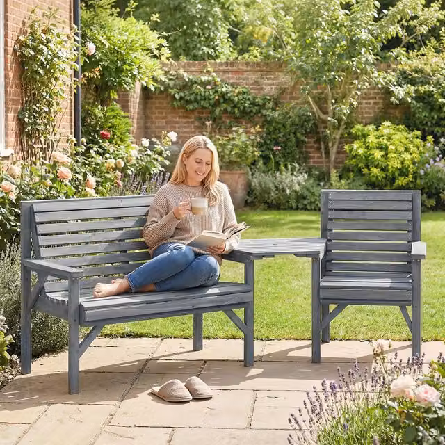 Outsunny Modern Grey Wood Garden Furniture Set with Detachable Table and Parasol Hole