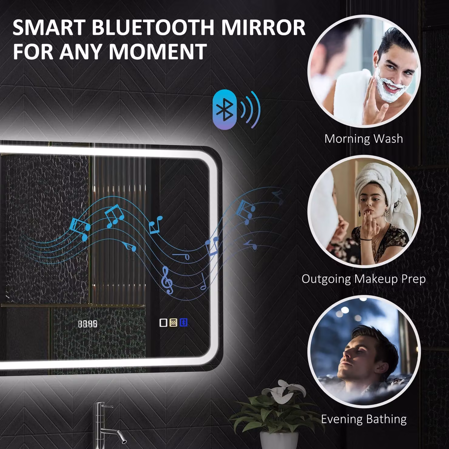 HOMCOM Illuminated Bluetooth Bathroom Mirror with Clock in Silver, W: 80 cm, H: 60 cm – 5