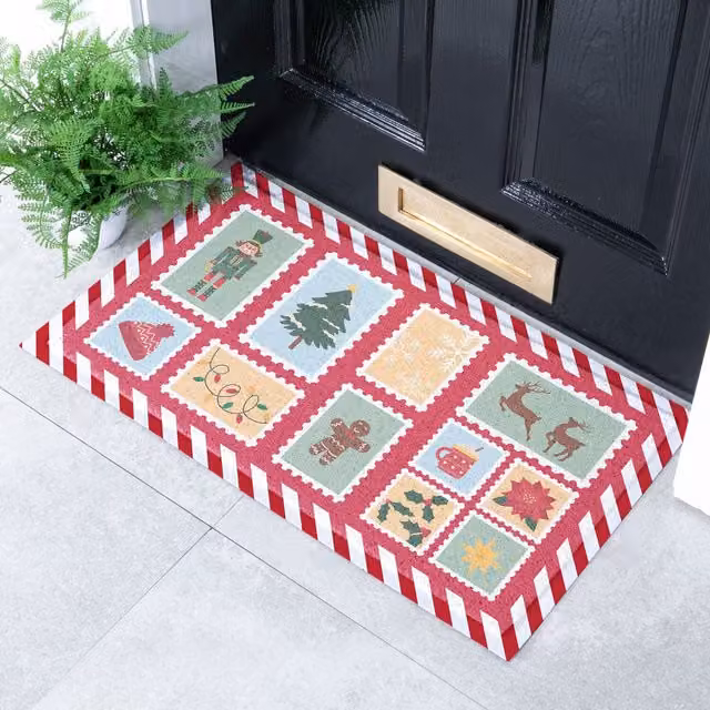 Artsy Mats Winter Stamps Christmas Doormat, Red and Multicolour, Non-Slip and Washable Vinyl