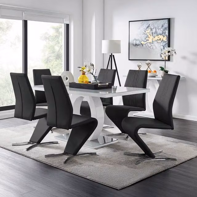 FurnitureboxUK Giovani Modern Grey Glass Rectangular Dining Table and 6 Black Willow Faux Leather Chairs Set