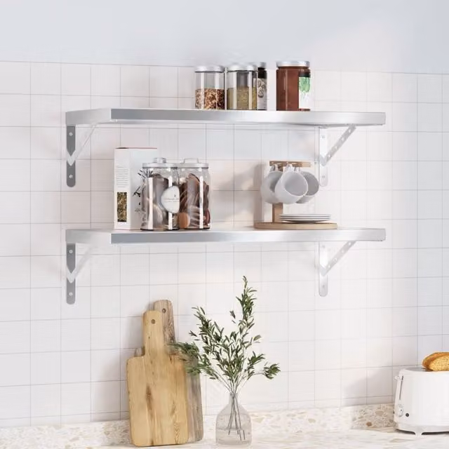 Berkfield Home Silver Stainless Steel Wall Mounted Shelves, 2 Pack, W: 75 cm, D: 30 cm, H: 3 cm
