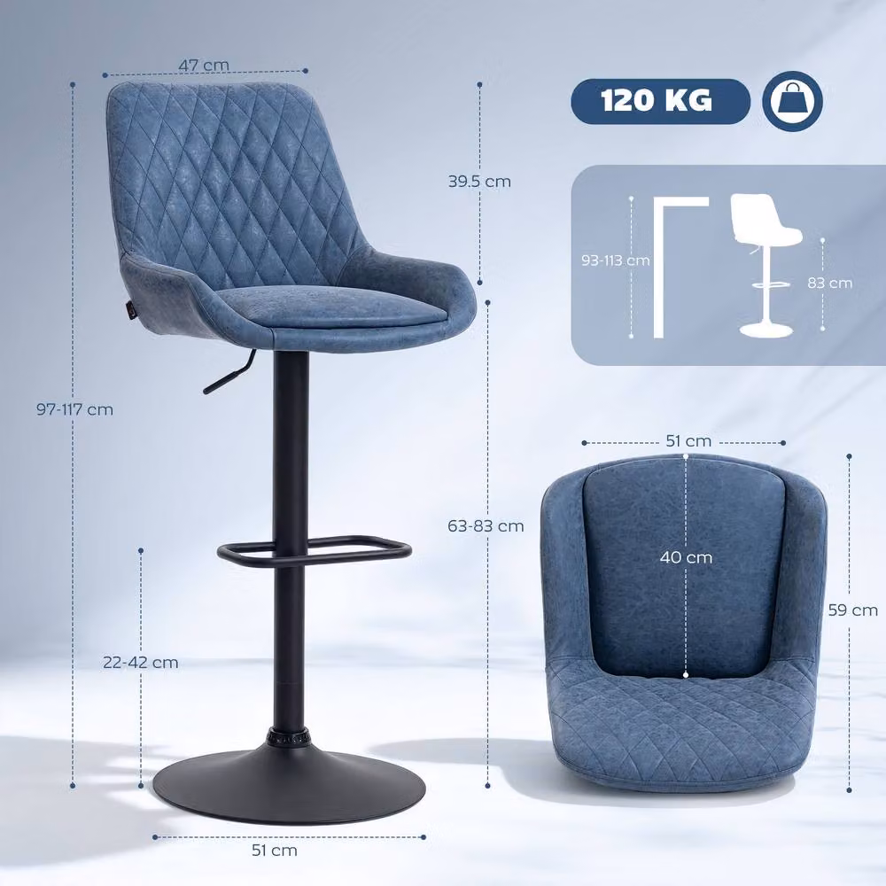 HOMCOM Set of 2 Swivel Height Adjustable Bar Stools in Blue Synthetic Leather with Metal Base – 3