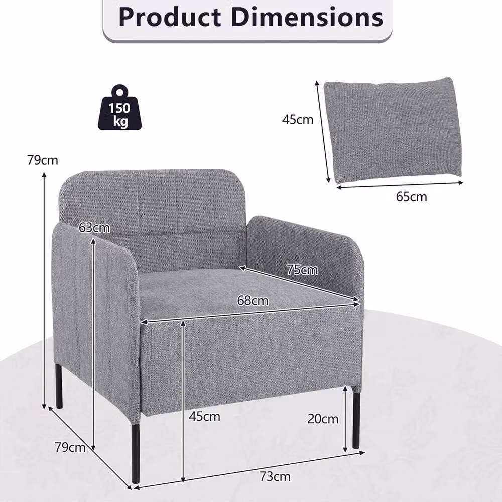VOGREX Grey Fabric Modern Living Room Sofa Chair with Armrests and Metal Frame – 2