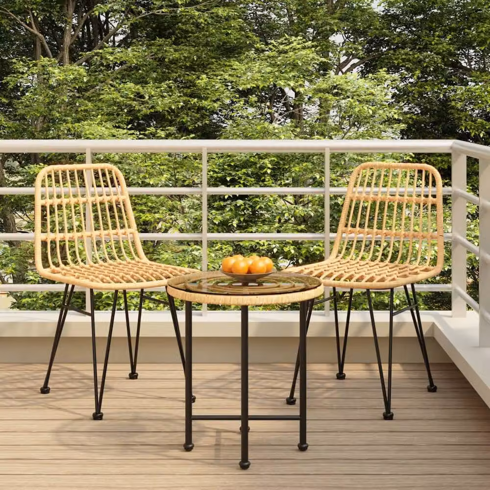 Berkfield Home Beautiful 3 Piece Poly Rattan Garden Dining Set with Glass Top in Tan – 2