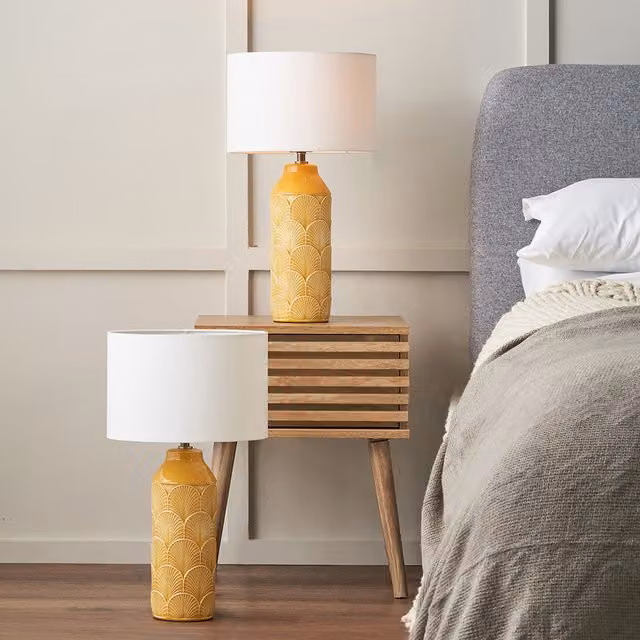 Pacific Lifestyle Set of 2 Bethan Embossed Ceramic Table Lamps in Yellow