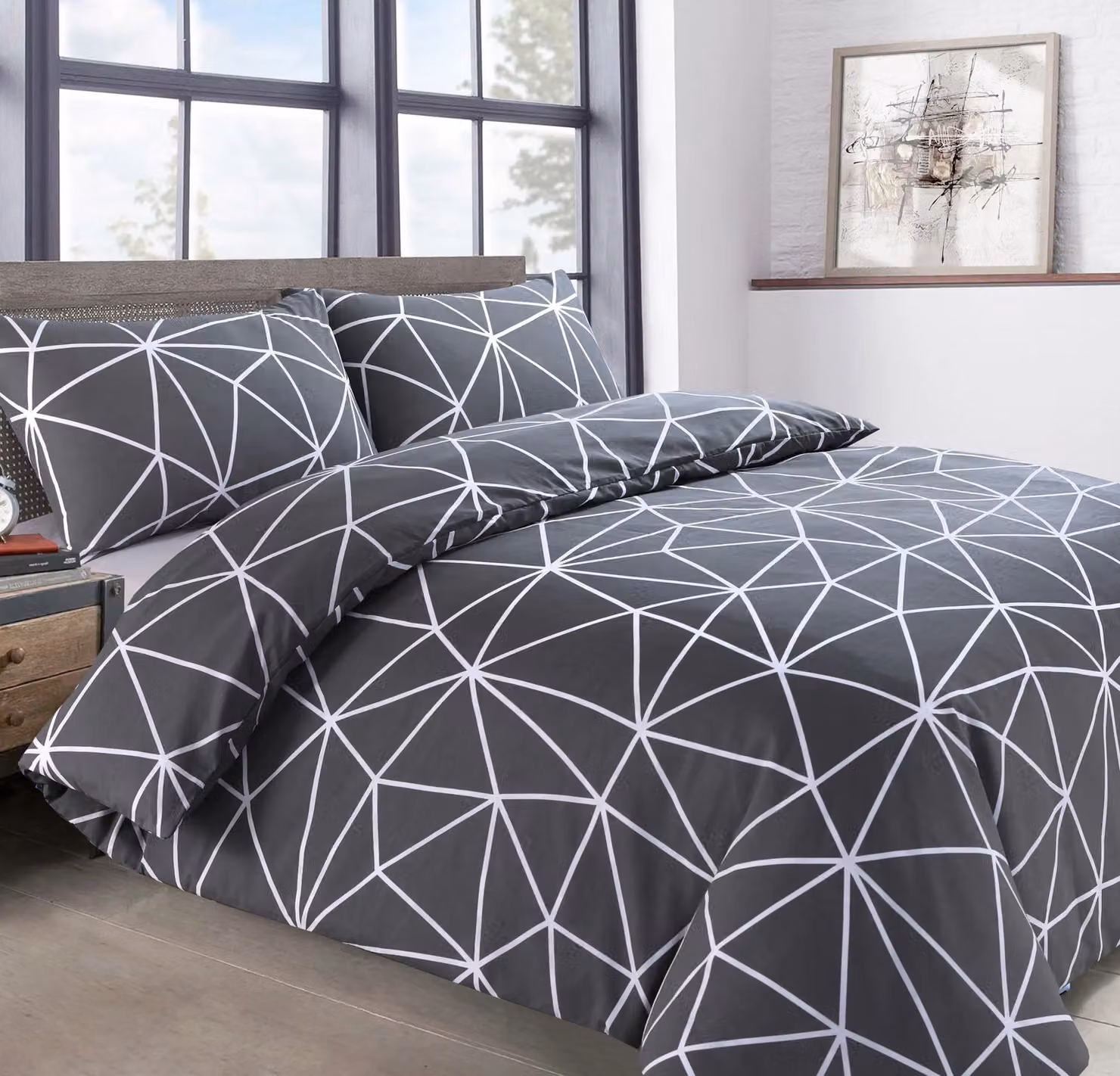 Velosso Saxton Grey Printed Cotton Rich Single Duvet Cover and Pillowcase Set, W: 135 cm, L: 200 cm