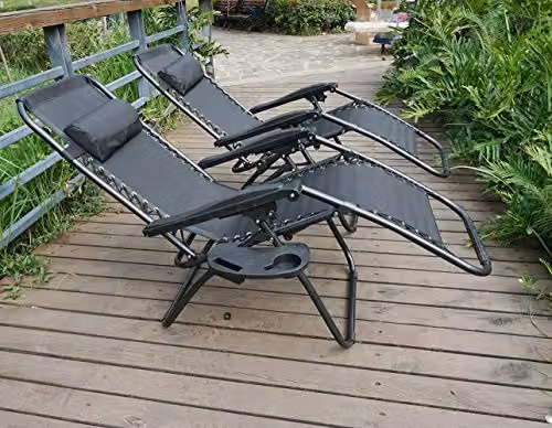 Gr8 Garden Set of 2 Black Textilene Zero Gravity Reclining Garden Chairs with Side Table and Cup Holder – 3