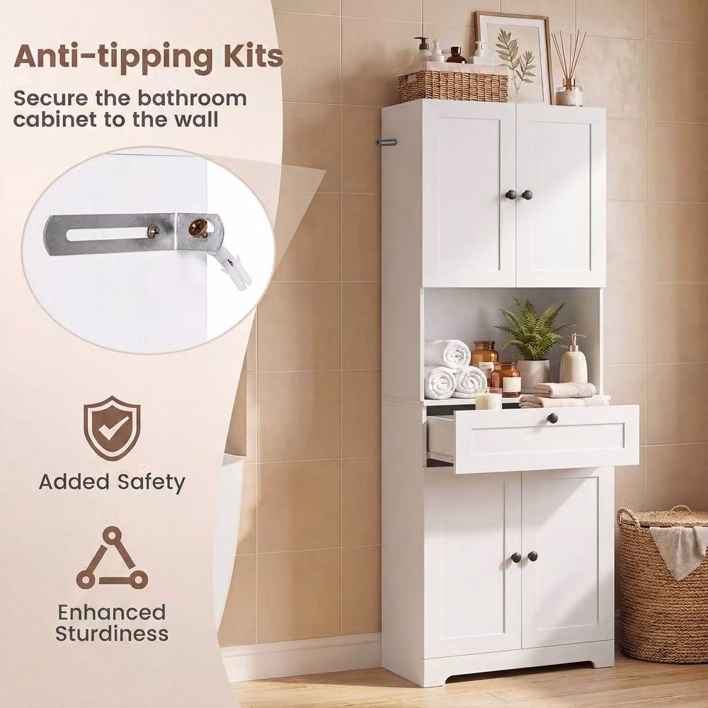 Costway Modern White Wooden Bathroom Cabinet with 4 Doors and 1 Drawer – 3