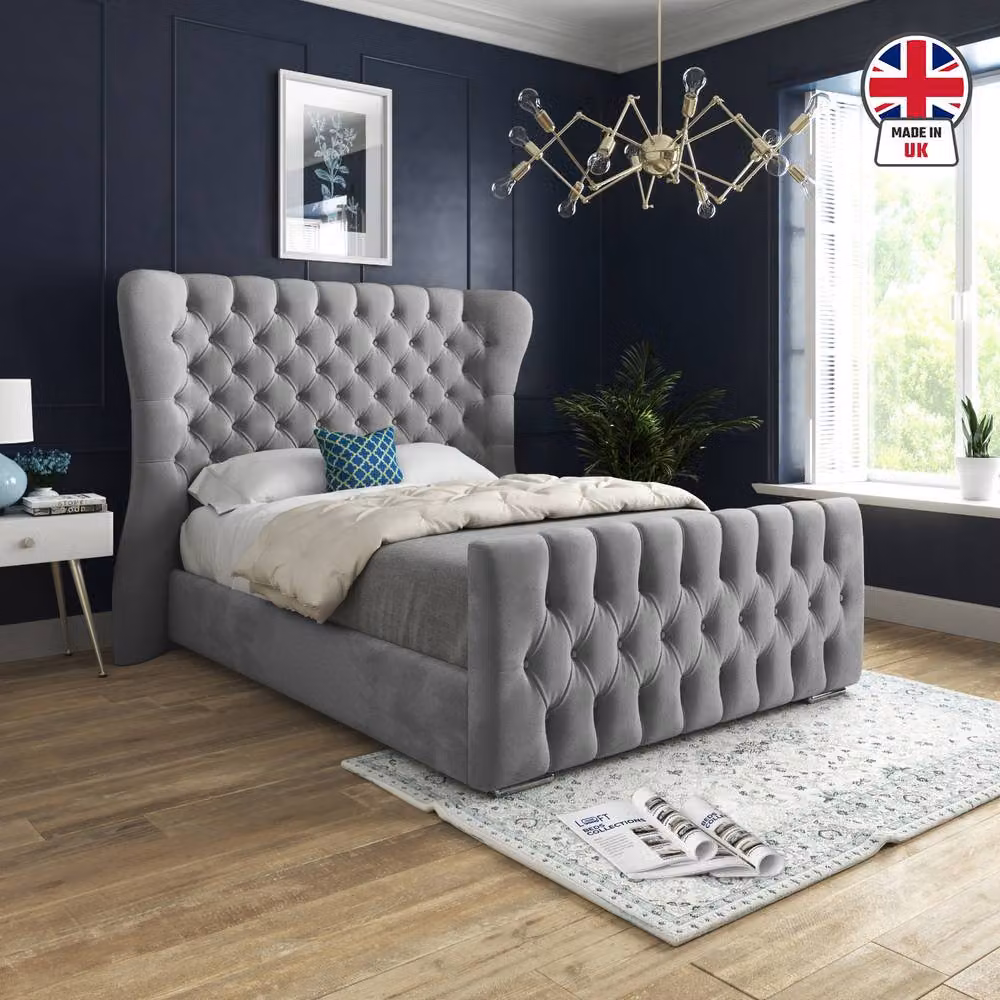KDMD Skegness Double Designer Bed Frame in Grey Soft Velvet with Curved Upholstered Headboard, W: 140 cm, D: 200 cm – 3