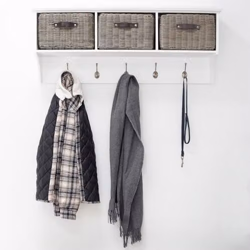 Statement Furniture Tetbury Wall Mounted Coat Rack with Hanging Shelf and White and Grey Rattan Baskets