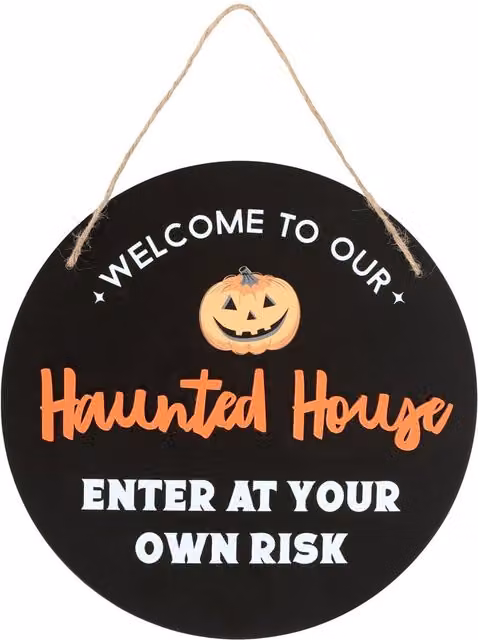 Something Different Haunted House Round Wooden Halloween Hanging Plaque - Black, White and Orange