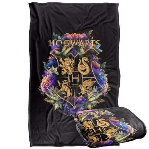 LOGOVISION Harry Potter Hogwarts Floral Foliage Crest Super Soft Fleece Throw Blanket, Multicolour