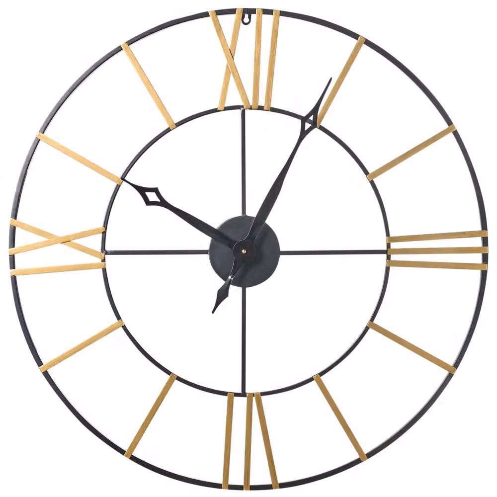 Wyld and Coco Vintage Metal Round Wall Clock in Black and Gold, Diameter: 80 cm – 2