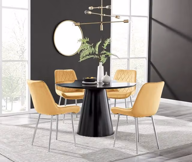 FurnitureboxUK Palma Black Semi Gloss Round Dining Table and 4 Pesaro Mustard Velvet Chairs with Silver Legs