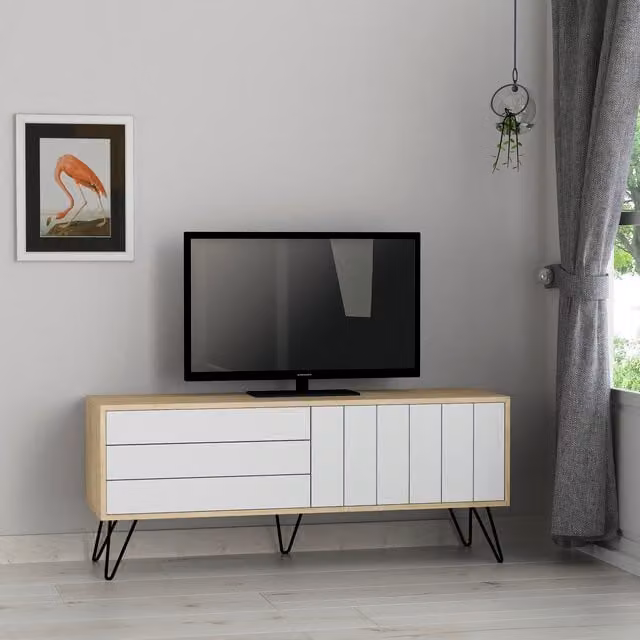 Decortie Picadilly Modern Scandinavian TV Stand in Oak, White and Beige – 1