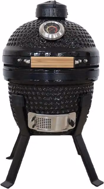 Kamado Bono Picnic 13 inch Ceramic Charcoal BBQ Grill in Black with Thermometer and Stainless Steel Accents