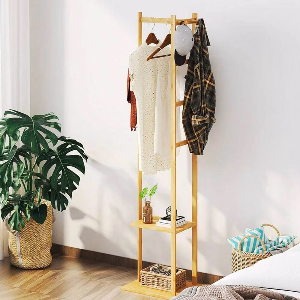 KORVIXA Minimalist Bamboo Garment Coat Stand Rack in Sand with Dual Hook and Rail Matrix, W: 90 cm – 2