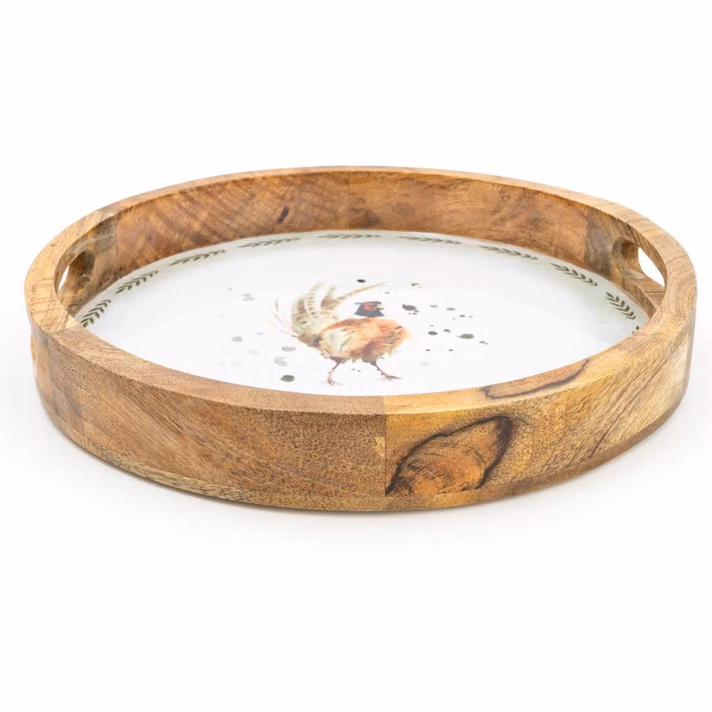 Madison & Mayfair Round Mango Wood Tray with Luxe Pheasant Enamel Design in White, Diameter: 29 cm – 2