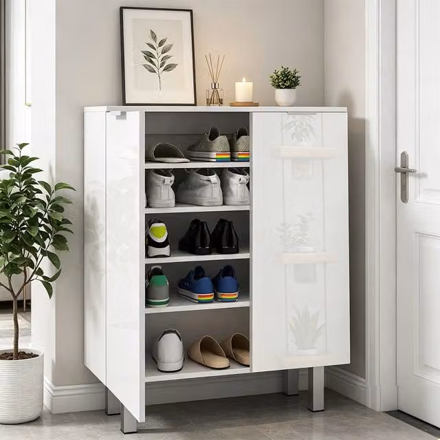 ERGOVEXA White High Gloss 5-Shelf Shoe Storage Cupboard with Soft-Close Hinged Doors – 1
