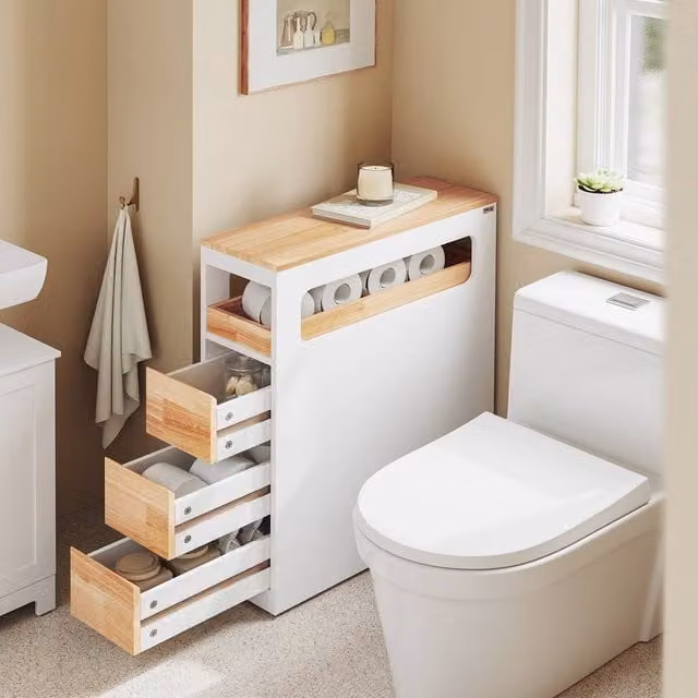 SoBuy Narrow White Bathroom Cabinet with 4 Drawers and Roll Holder – 1