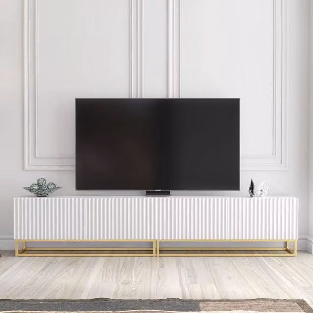 Mex Furniture LTD Ripple Duo TV Unit in White with Gold Fluted Doors, W: 200 cm, H: 45 cm, D: 35 cm – 1